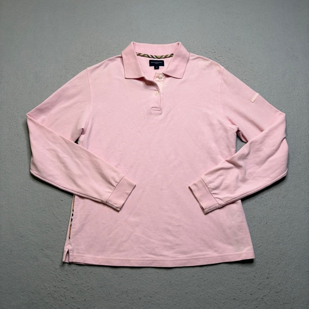 Burberry Golf Polo Shirt Womens M Pink Long Sleeve Nova Check Trim Cotton
